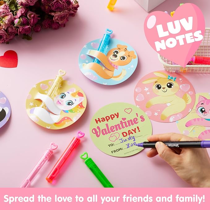 JOYIN 32 Pcs Valentine's Day Gift Cards with Mini Bubble Wands for Kids, Bubble Wands with Animal Themed Cards, Valentine's Day Gifts for Kids Classroom Prize Treats Party Favor Goodie Bag Stuffers