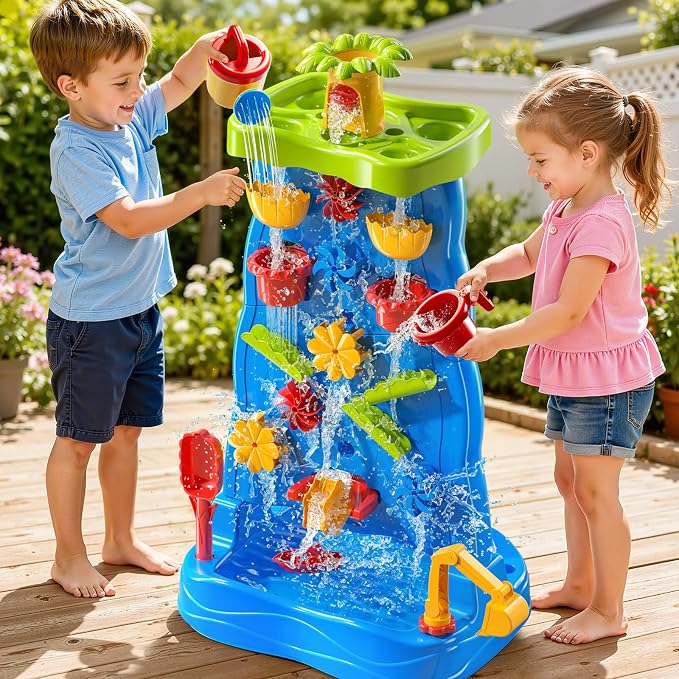 JUKUDAHU Water Table Waterfall Toy for Kids Ages 4-8, Water and Sand Activity Sensory Table, Double-Sided Beach Outdoor Toy, Birthday Gifts Toys for Toddlers Age 18M+ 2 3 4 5 Boys Girls