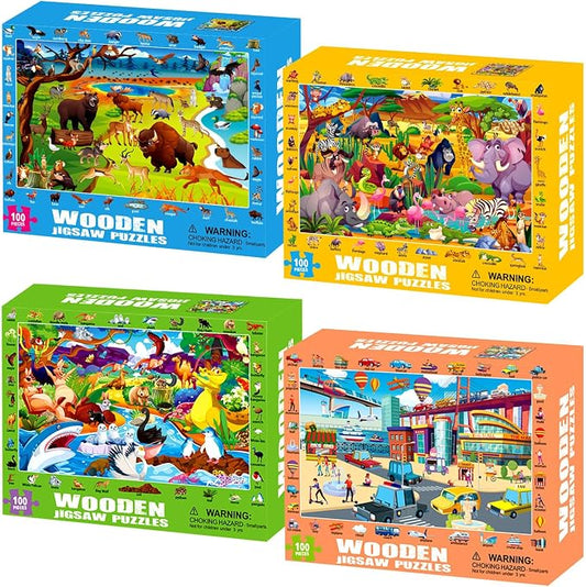 100 Piece Puzzles for Kids Ages 4-6 8-10, Safe Educational Jigsaw Puzzles Wildlife, Jungle, Fantasy & City Life, Fun Learning Toys Gifts for Boys Girls 4-Pack