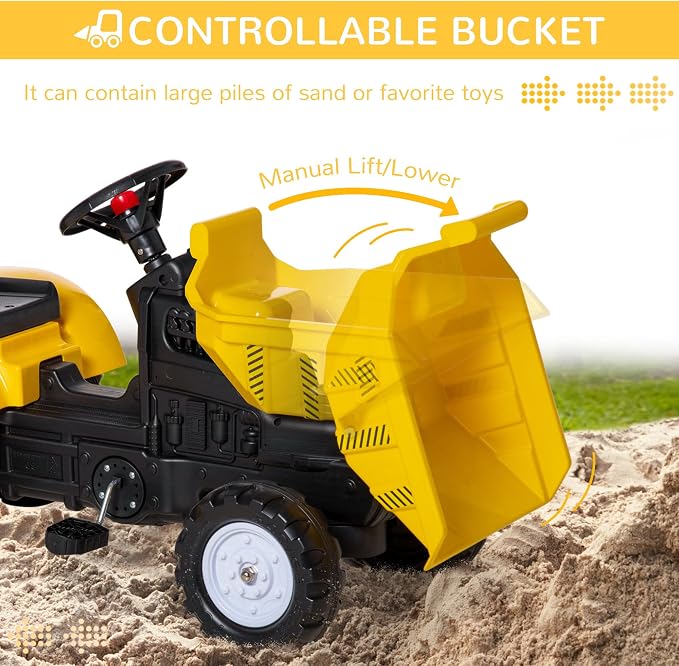 Aosom Ride On Excavator with Manual Control Bucket, No Power Ride on Tractor Pedal Car Pretend Play with Forward Backward, for Aged 3-6 Years Old, Yellow