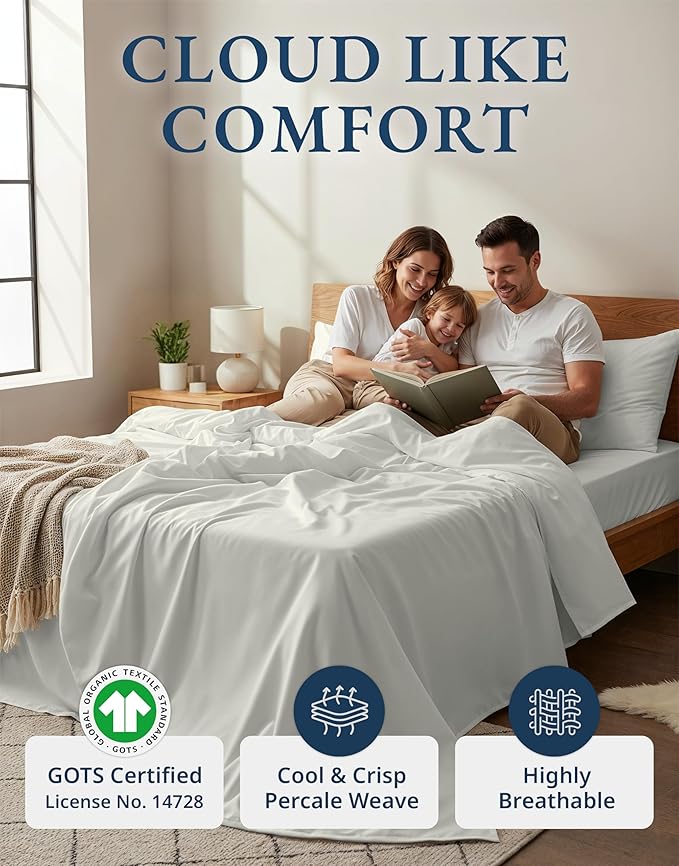 LANE LINEN Queen Sheet Set 100% Organic Cotton Cooling Soft - Glacier Grey | Organic Cotton Percale Queen Sheet Set - Naturally Cooling & Lightweight, Cool All Summer, Cozy All Winter, Great For Gifting