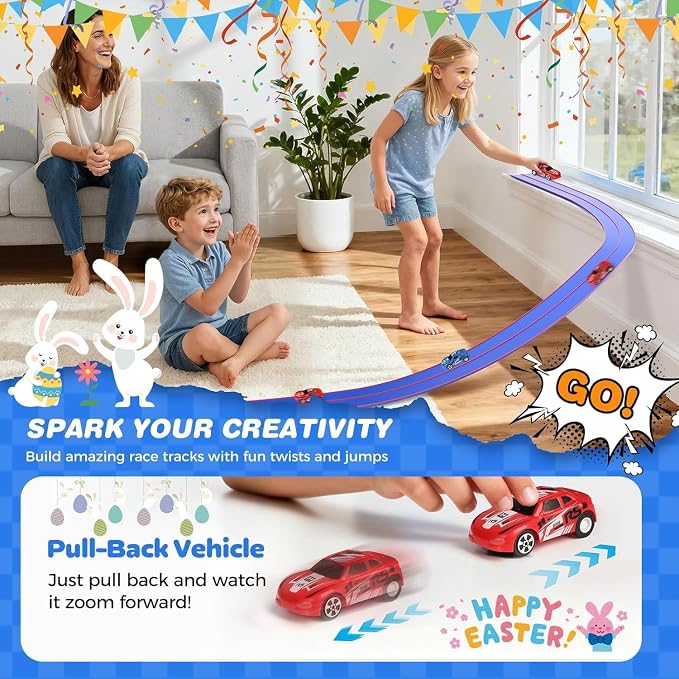15 Ft Flexible Race Track for Kids, DIY Car Track Set with 2 Toy Cars & 3 Suction Cup Ramps, Easter Basket Stuffers for Teens & Boys Girls, Creative Easter Gifts for Kids, Blue & Red