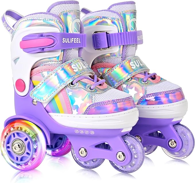 SULIFEEL Rainbow Unicorn 4 Size Adjustable Roller Skates for Girls Boys for Kids Ages 3-5 5-8 6-12 Children Skates Indoor Outdoor