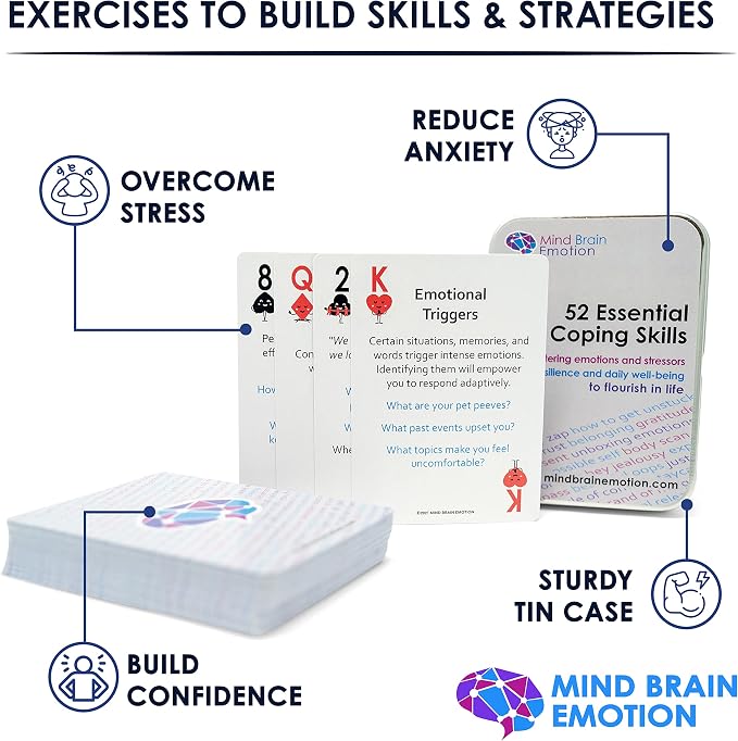 Mind Brain Emotion 52 Essential Coping Skills Cards - Self Care Exercises for Stress and Social Anxiety Relief - Resilience, Emotional Agility, Confidence Therapy Games for Teens, Adults