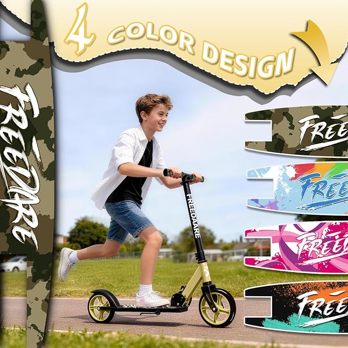 FREEDARE Kick Scooter for Kids & Adults Ages 8+, Foldable Teen Scooter with 2 Big 8-inch Wheels and 4-Level Adjustable Handlebar, Max Load 220 LBS
