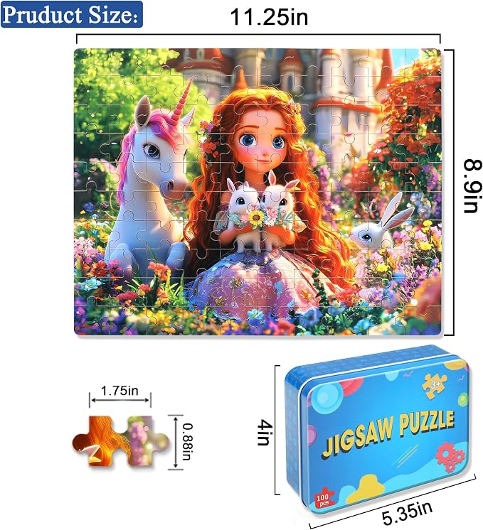 LELEMON Princess Puzzles for Kids Ages 4-8,100 Pieces Unicorn Rabbits Jigsaw Puzzles in a Metal Box,Cute Princess Learning Educational Puzzles for Boys Girls