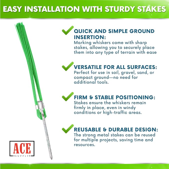 Green Marking Whiskers with Stakes - 100 Pack - Durable Marking Whisker Set - Use Survey Whiskers As Ground Markers, Construction Markers, Or Trail Markers