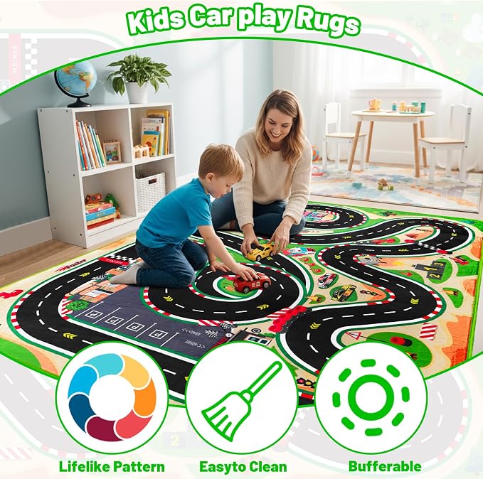 Kids Car Rug for Play Toy Cars, 4'11" x 3'3" Non-Slip Race Track Play mat Carpet Kid Road Rugs for Playroom Classroom Kids Room,Karting Road Racing Track Floor Mat Rug for Bedroom(for Age 2+,Green)