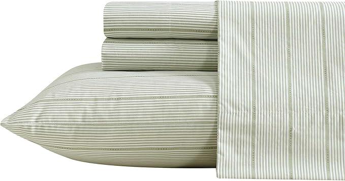 Nautica - Twin Size Sheets Set, Crisp & Tailored Floral Bedding with a Smooth Cotton Percale, Bed Sheets with Matching Pillowcase & Fitted Sheet (Ellipse Stripe Green)