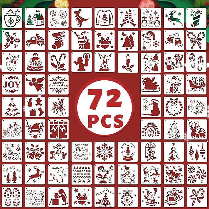 72 PCS 3x3 Inch Christmas Stencils for Painting - Snowflake Santa Claus Christmas Tree Reusable Christmas Painting Templates on Wood, Glass, Fabric, Window Door Decor DIY Decoration
