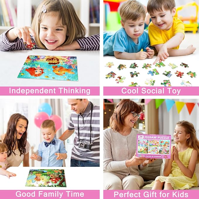 MZZOTOY 6 Packs Puzzles for Kids Ages 4-6, 24 PCS Princess Unicorn Jigsaw Puzzles for Kids Ages 3-5 | 4-8，Preschool Educational Puzzles Toys Gifts for 3 4 5 6 Boys Girls ﻿