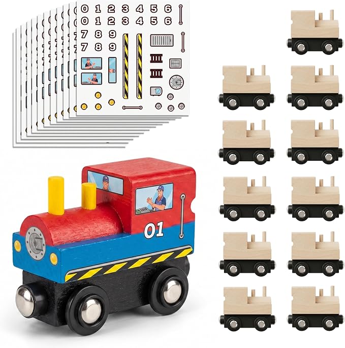 12 Pcs Unpainted Wooden Train And Stickers - Craft Kit – Magnetic Engines with 12 Sticker Sheets – Compatible with All Major Wooden Railway Brands – Art Project for Kids & Birthday Party Favors