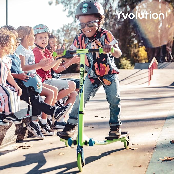 Yvolution Y Fliker A1 Drift Scooter – 3-Wheel Wiggle Scooter for Kids Ages 5-8 – Self-Propelling, Foldable Design with Hand Brake – Max Weight 110 lbs – Pink/Green