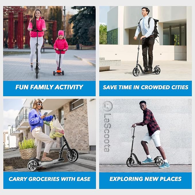 LaScoota Kick Scooter for Kids Ages 6+, Teens & Adults, Large 8" Sturdy Urethane Wheels. Adjustable Handlebar, Lightweight, Foldable, 220lbs Max Load