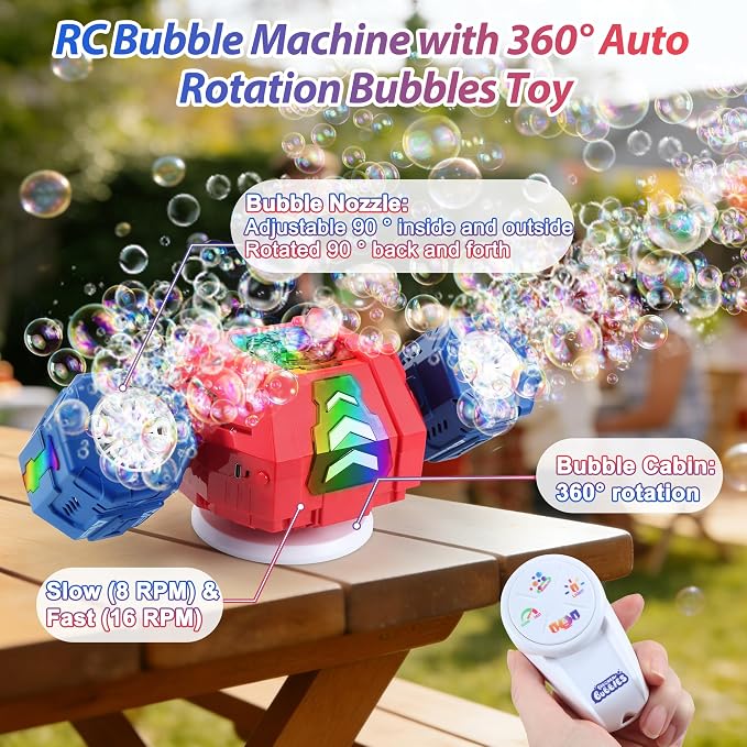 New RC Bubble Machine with RGB Lights, 360° Auto Rotation Bubbles Toy, Rechargeable Battery, Bubble Blower Maker for Kids, Parties, Birthday Gift, Weddings, Indoor Outdoor Activity, Red-Blue