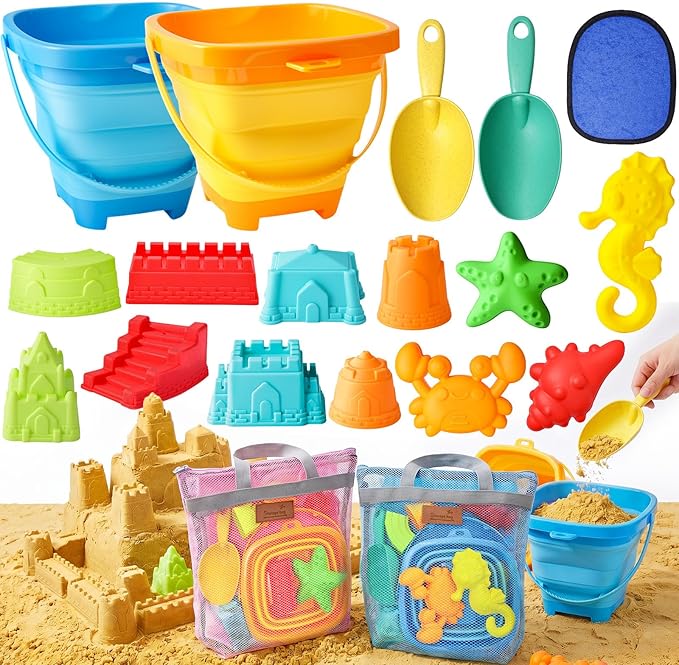 LovesTown Collapsible Beach Toys for Kids, Collapsible Sand Bucket and Shovels Set with Mesh Bag & Sand Molds, Beach Vacation Essentials, 19PCS