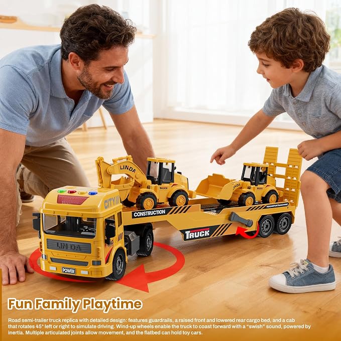 3-in-1 Excavator Bulldozer Engineering Semi-Truck Toy Set for Boy Gift Age 3 4 5 6 7 Large Transport Vehicle Road Trailer Truck Loader Kids Play Inertia Construction Toy Toddlers Digger Sound Light
