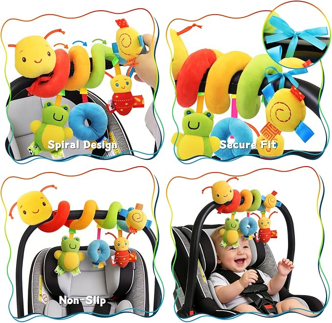 Spiral Car Seat Toys - Baby Sensory Soft Plush Hanging Toys for 0-12 Months Stroller Crib Accessories, Essentials for Expecting Moms & Baby Shower Registry Gift