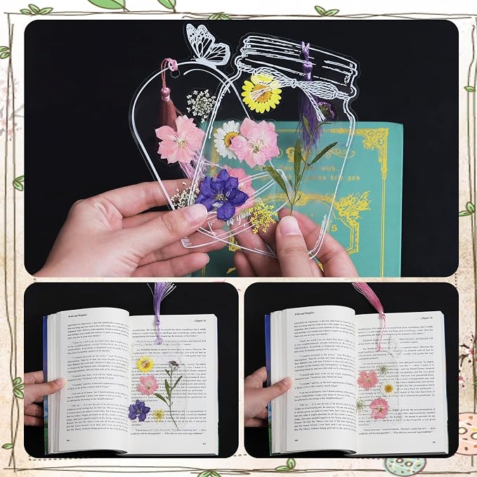 Kaluofan 103PCS Bookmark Making Kit, Transparent Flower Bookmarks, Handmade Dried Flower Bookmark Kit for School, DIY Bookmark Kit with Abundant Bottle Bookmarks Dried Flowers Tassels and Tweezer
