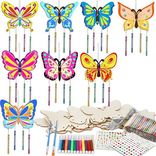 16 Pack Butterfly Wind Chime Kits Butterfly Crafts for Kids Make Your Own Butterflies Wind Chime Wooden DIY Arts and Crafts for Spring Summer Party School Classroom Decorations Supplies Birthday Favor
