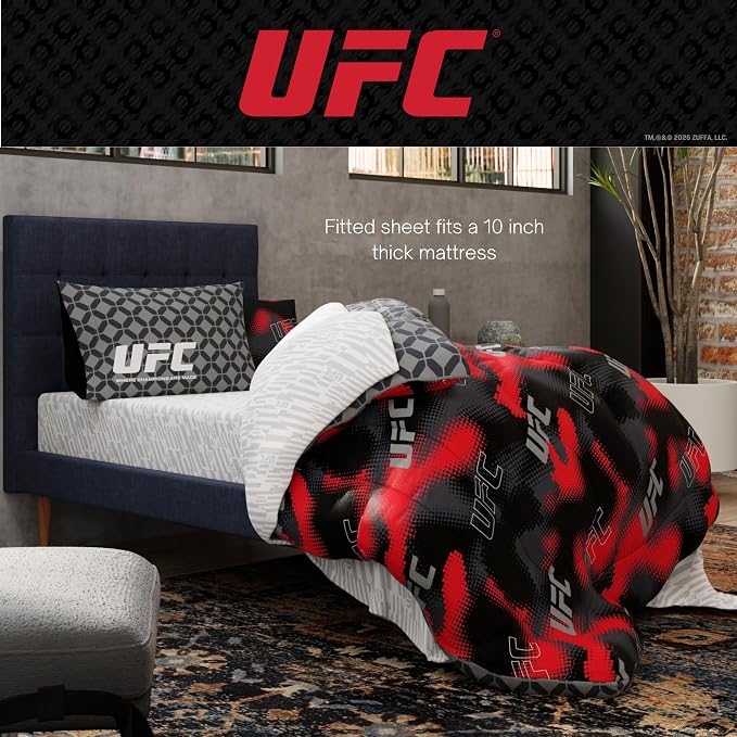 UFC Fight Night Bedding Set, Queen Size 7 Piece Set Super Soft Cozy Reversible Comforter and Sheet Set with Sham, (100% Officially Licensed Product) by Franco