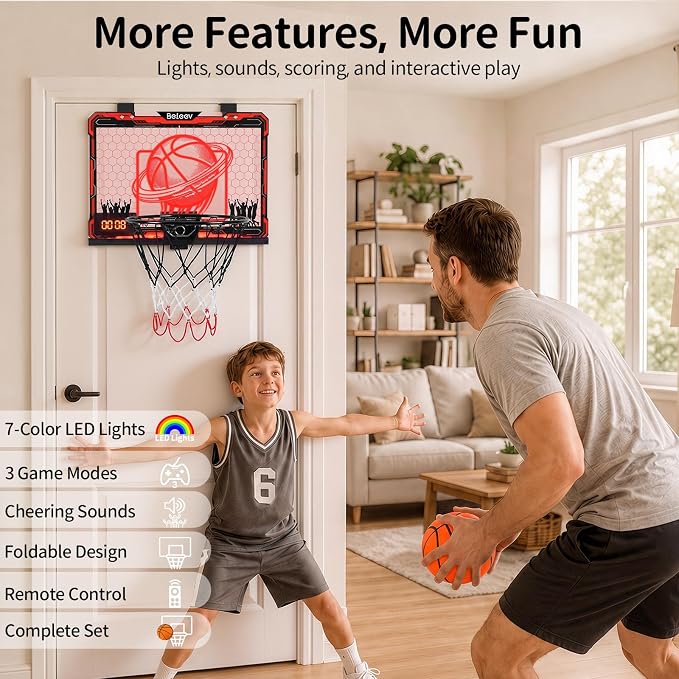 BELEEV Indoor Mini Basketball Hoop with LED Lights, Electronic Scoreboard & Sounds, Over The Door Basketball Hoop for Kids, Ball & Pump Included, Indoor Sports Toy Gift for Boys Girls Ages 4-12 (Red)