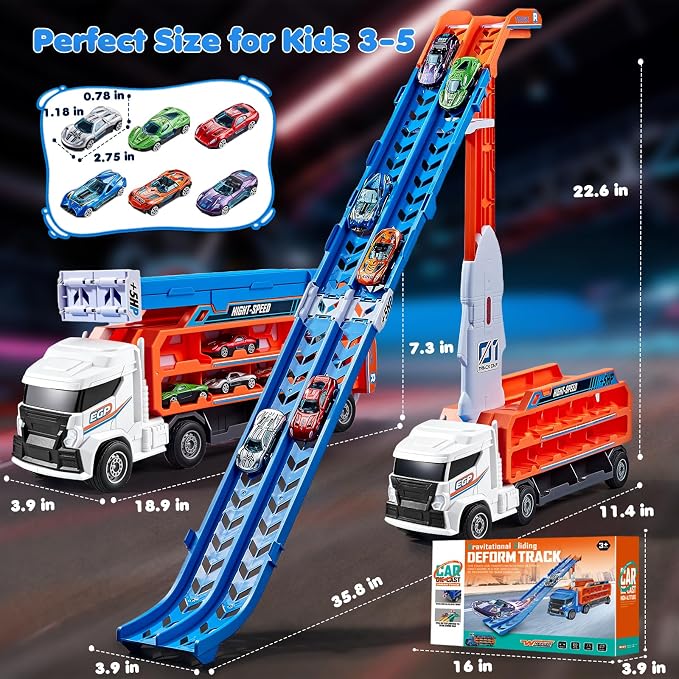 Race Track Truck Toys for 3 4 5 6 Years Old Kids - Carrier Truck Transport Car with 6 Die-Cast Cars Toys, 4-In-1 Truck with 2 Foldable Race Tracks, Christmas Birthday Gifts Toy for Toddler Boys, White