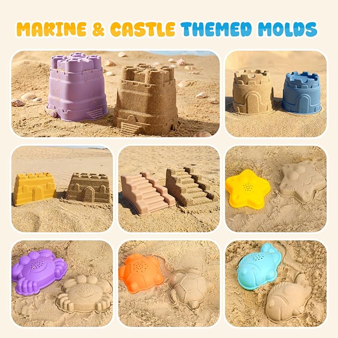 AuntyFey 11Pcs Silicone Beach Toys, Baby Beach Sand Toys, Sand Sandbox Toys for Toddlers 1-3, Collapsible Sand Buckets for Kids with 4 Plastic Sand Mold, 3 Silicone Castle Sand Mold and Mesh Bag