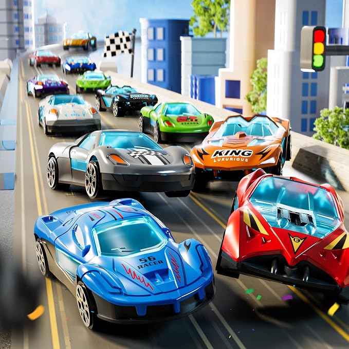 3-in-1 Kids Carrier Truck Toy Car Tracks for Toddlers 2-4 Years Old with 12 Racing Cars Toys, Foldable Chasing Race Track and Car Garage, Car Ramps Birthday Gift for Boys Girls 3-5 4-8(Blue)