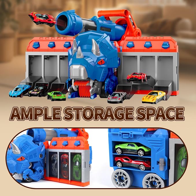 STBEIMEIMY Triceratops Dinosaur Truck, Foldable Storage & Shooting with 10 Cars Foldable Storage Holds 10 Cars & 12 Soft Balls, Sturdy Non-Toxic Build, Indoor & Outdoor Play