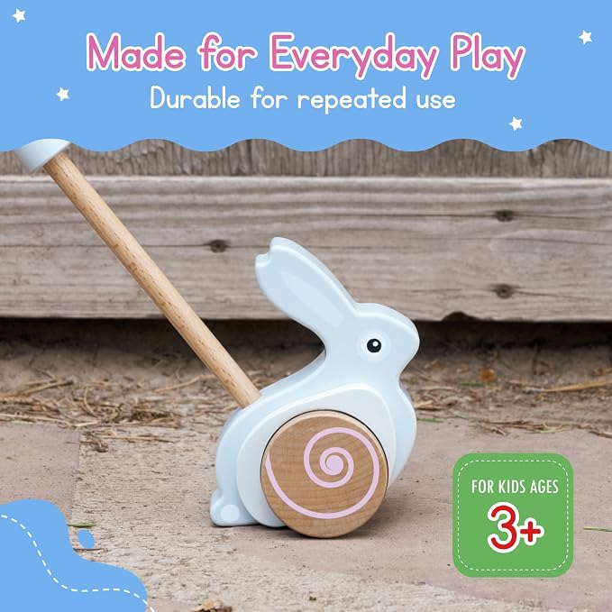 Bunny Push Toy by Jack Rabbit Creations- Wooden Push- Along Rabbit for Early Walking, Balance and Motor Skills Development- Eco-Friendly Montessori Toy for Toddlers & Babies Ages 1+