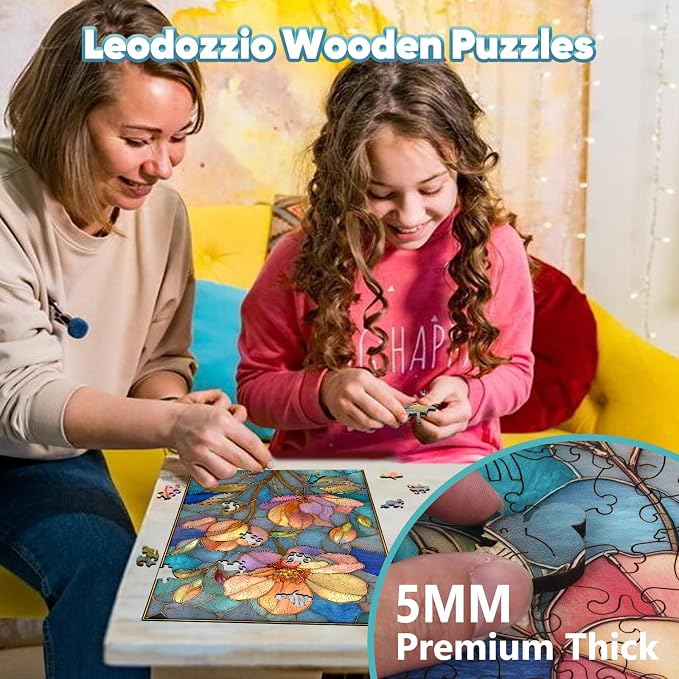 Leodozzio Wooden Puzzle for Adults, Mother’s Day Stained Glass Flower Puzzle, 200 Piece Unique Shape Jigsaw, 5MM Thick, Gift for Her, Home Art Decoration, 8.7 x 12.5 Inch