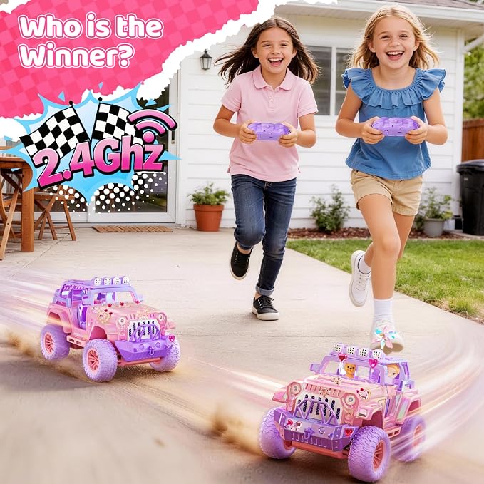 Remote Control Car for Girls with Spray and Sound, 2.4GHz All-Terrain Sparkling Pink RC Cars,Doll and Pet,Windmill,DIY Stickers,Rechargeable Battery,Toys Cars Birthday Gift for Girls Age 6-12
