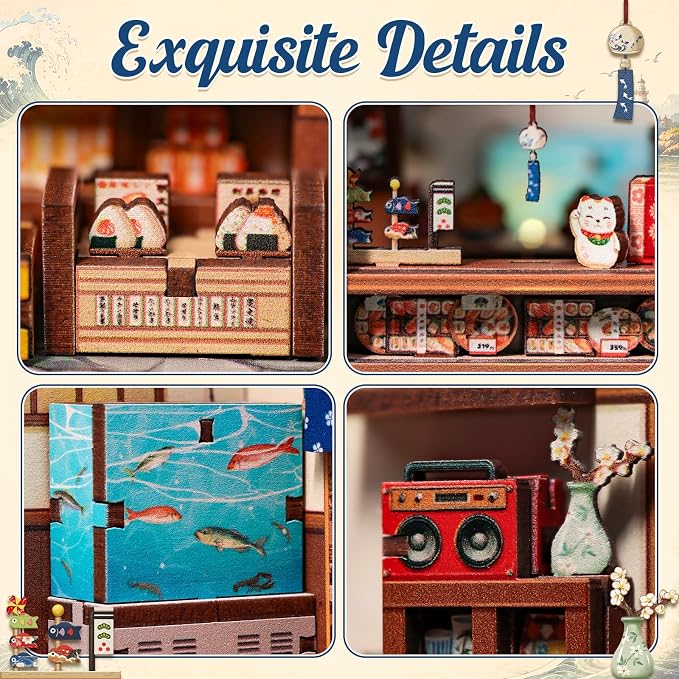 Cutefun DIY Miniature House Kit, 129 Pcs 3D Wooden Puzzle Tiny House Mini House Building Kit for Beginner & Teens, Palm-Sized Japanese Booknook Dollhouse for Bookshelf Decor (Fukuoka Mentaiko Kitchen)