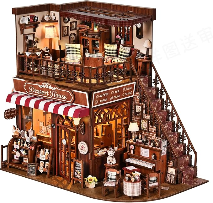 DIY Miniature House Kit, Dollhouse Fantastic Corner Shop for Adults to Build, Birthday/Christmas Day Gift for Family and Friends, Prefab Tiny Home with LED Lights,Corner Dessert House