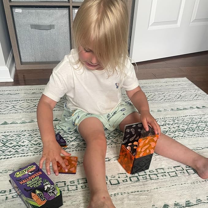 CreateOn Crayola Magnetic Tiles, Building Set for Kids, Magnetic Toys for Kids, Travel Toys, Classroom Sensory Blocks, STEM & Montessori for Boys & Girls Ages 3+, 14-Piece Set (Halloween)