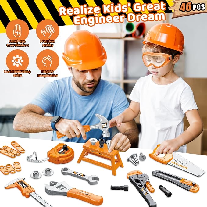 OCHIDO 46PCS Kids Tool Set with Portable Tool Box & Electronic Toy Drill, Toddler Tool Set,Tool Play Toys Construction Tools for Kids, Christmas & Birthday Gifts for Boys Ages 3 4 5 6