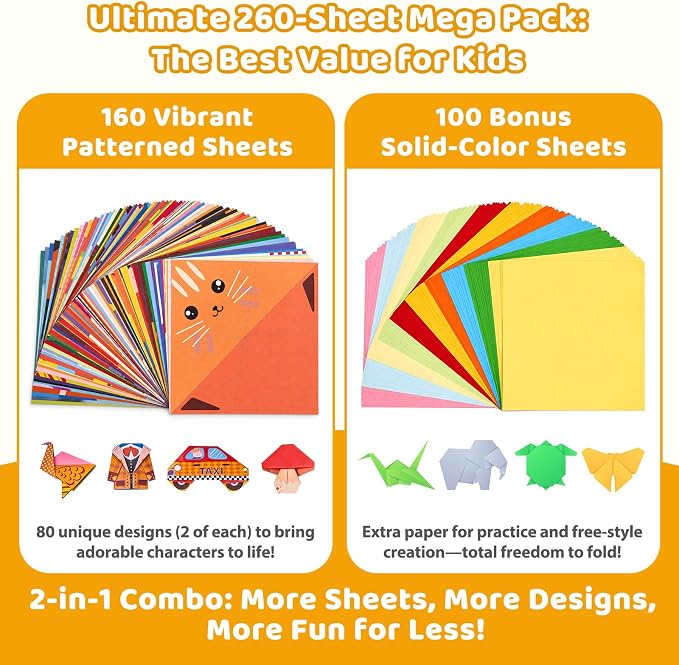 Gamenote Colorful Origami Kit for Kids 80 Projects 160 Double Sided Origami Paper, 100 Sheets Practice Papers Instructional Origami Book Origami Gift for 4+ Kids Adult Beginners Training Craft, Animal