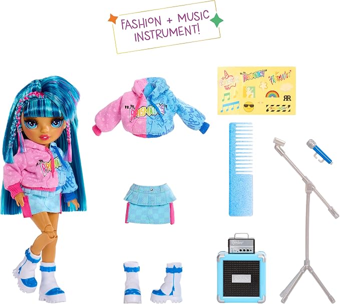 Rainbow High Jr High Rock Band - Skyler, Blue 9” Fashion Doll with Microphone Plus Stand and Amp, Customize with Stickers, Posable, Great Toy Gift for Kids Ages 4+