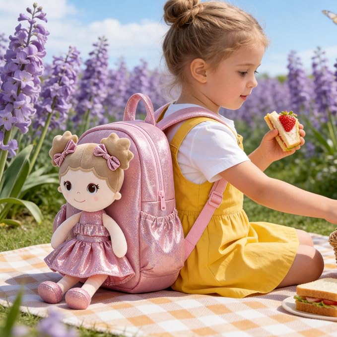 Lazada Toddler Backpack - Baby Girl Gifts Curly Fingerprints Plush Doll Dress Backpack - Fashion Girls Curly Rolled Fingerprints Series - Apricot Pink 11 Inches