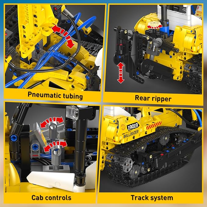 Mould King 19019 Technik Construction Bulldozer Kit with Pneumatic Cylinders, 1200-Piece Engineering Vehicle Model, Creative Building Set for Adult Collectors