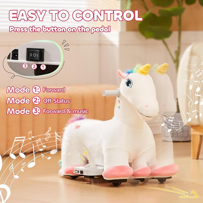 Qaba 6V Kids Ride on Horse, Battery Powered Ride on Toy, Unicorn Shaped Electric Riding Animal with Music, Soft Touch, PU Wheels, Foot Pedal, Forward, for Girls Boys Aged 18-36 Months, White