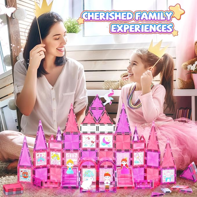 Magnetic Tiles Building Set 101pcs, STEM Toys for Girls 3-6, Princess Castle with Magnetic Car