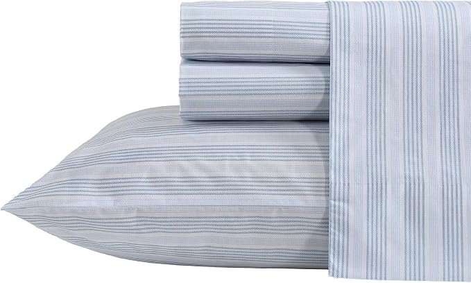 Nautica - Full Size Sheets Set, Crisp & Tailored Striped Bedding with a Smooth Cotton Percale, Bed Sheets with Matching Pillowcases & Fitted Sheet (Tayleur Stripe Blue)