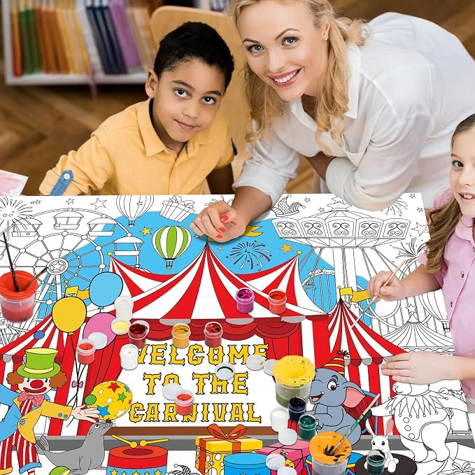 ZOIIWA Circus Carnival Coloring Poster for Kids Giant Large Circus Carnival Coloring Poster Jumbo Huge Tablecloth for Kids Classroom Home Birthday Party Supplies Favor 31.4 x 43.3 Inch