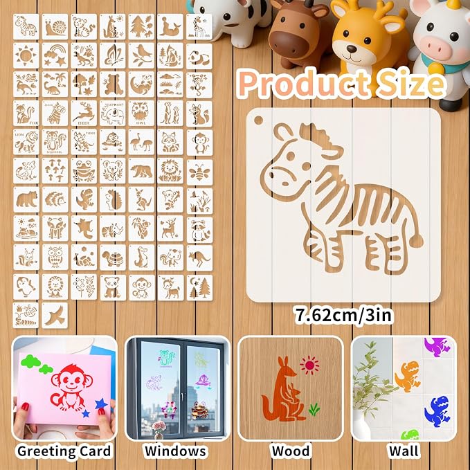 72 Pcs Animal Stencils for Painting, Reusable Wildlife & Creature Animal Painting Templates - Lion, Elephant, Zebra, Panda Craft Kit for Wall Murals, Fabric Art, Wood Signs, Kids Classroom Projects