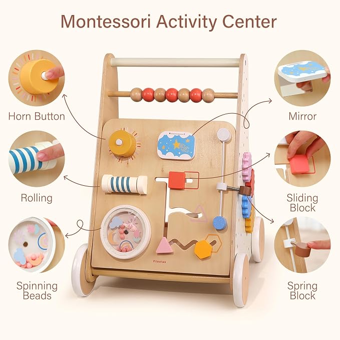 Pillowhale Wooden Baby Walker with Wheels Montessori Activity Push Walker Toy for Toddlers Adjustable Speed & Activity Center for Girls Boys 12M+