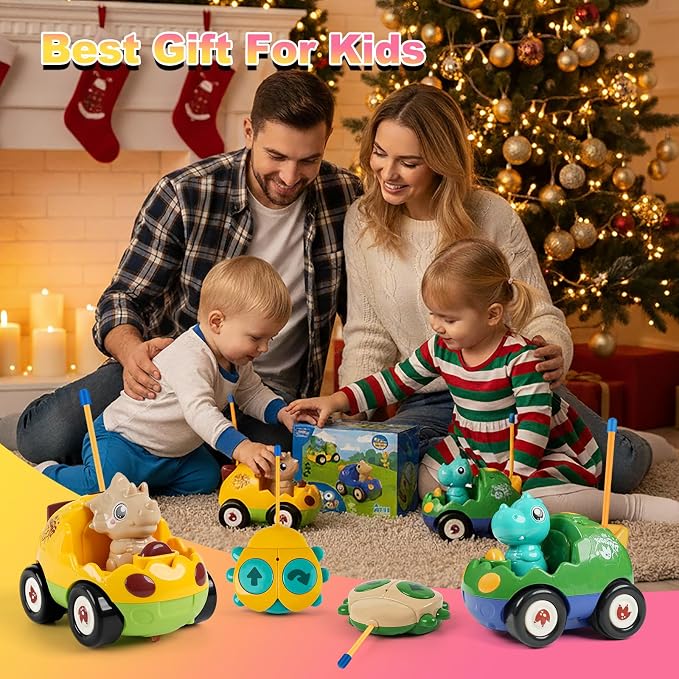 MagicKidz Dinosaur RC Car for Kids - 2-Pack Remote Control Dino Toy Cars for Boys Toddlers Ages 18+ Months, 2 3 4 5 Year Old, Birthday Gifts with Lights and Music