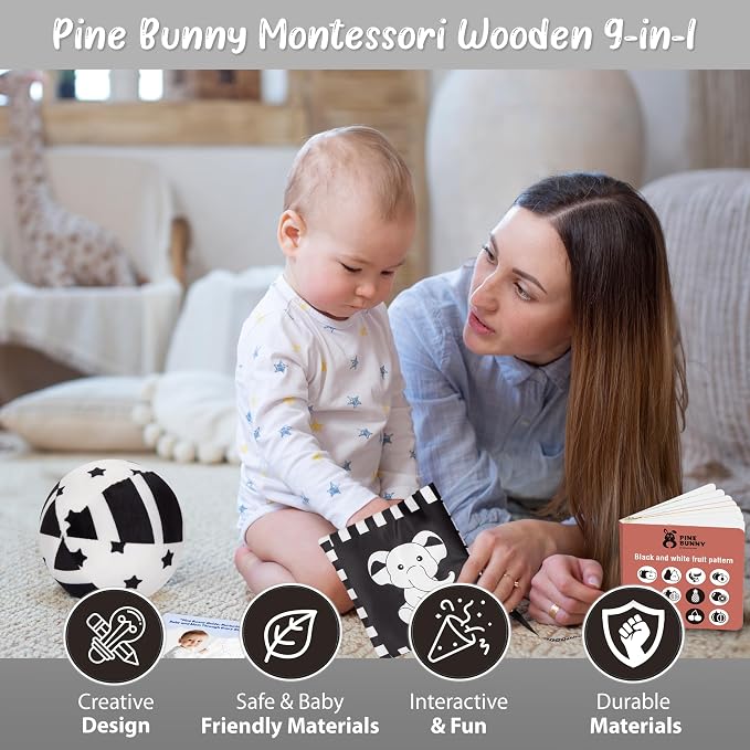 Pine Bunny Montessori 9-in-1 Newborn Sensory Toy Set for 0+ Months Plush Bed Wrap Vision Ball, Black & White Cards Mirror Bed Surround Elephant Teether Educational Learning Tummy Time Development Toys