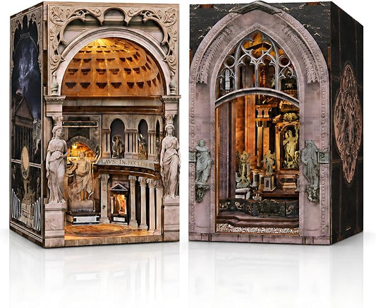 2 Pack DIY Book Nook Kit, Pantheon & Duomo di Milano Architecture Miniature with LED Light & Dust Cover, Dynamic Moving Light Effect, Easy Assembly Wooden Craft for Adults Bookshelf Decor
